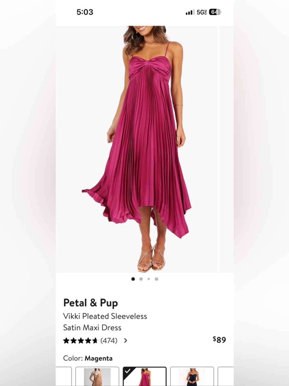 Petal & Pup Magenta Pleated Satin Spaghetti-Strap Maxi Dress
